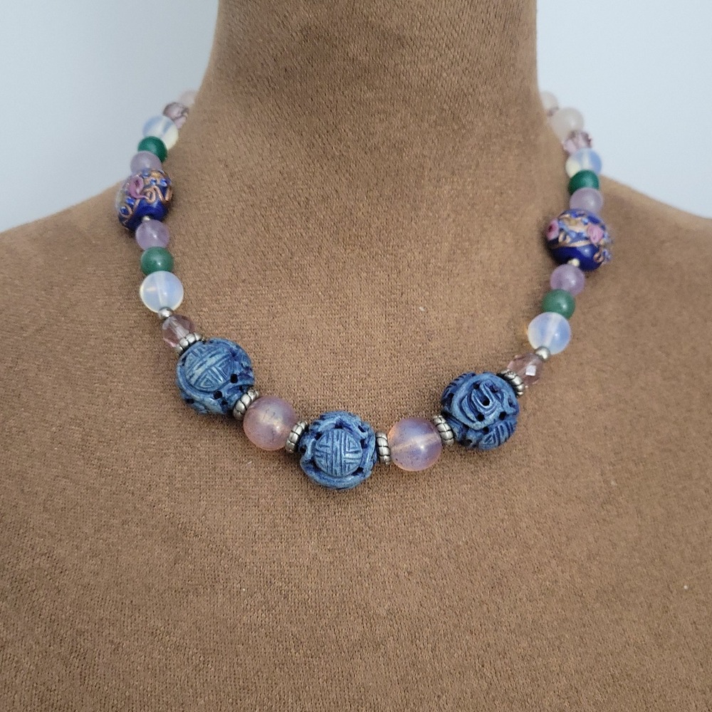 Artisan Handmade Mixed Gemstone Carved Bead Cloisonne Necklace 18in Cottagecore